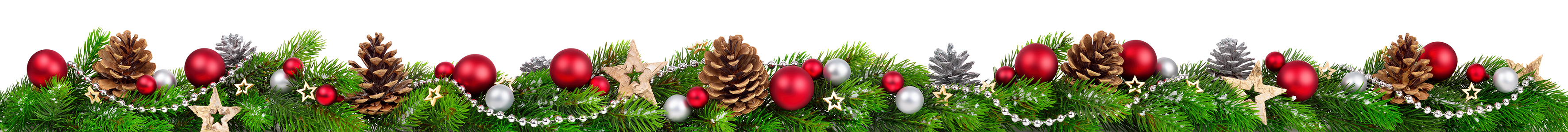 Christmas border, extra wide Extra wide Christmas border with fir branches, red and silver baubles, pine cones and other ornaments, isolated on white